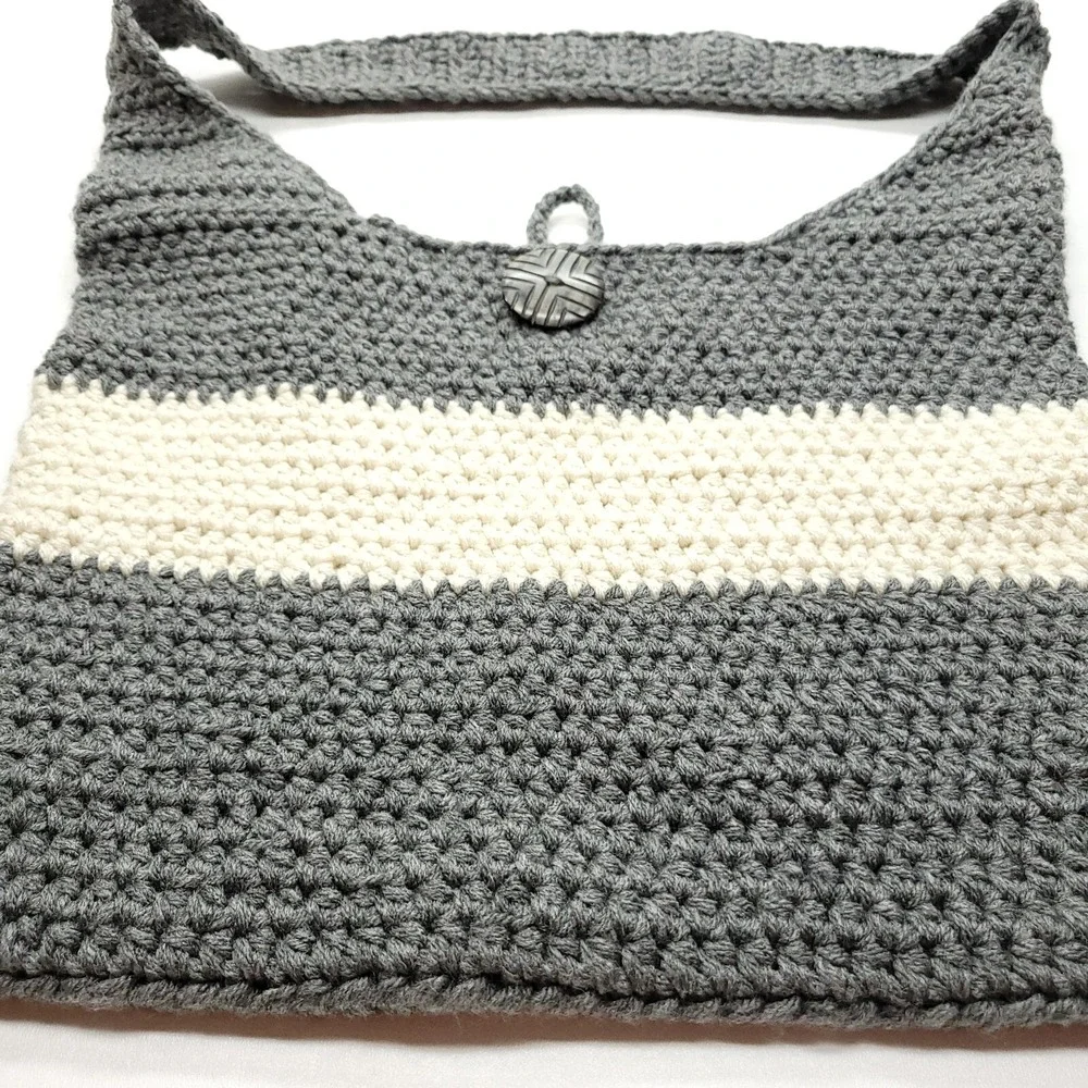 Handmade‎ Crochet Purse Gray Ivory Button Closure Hippie Boho Tote